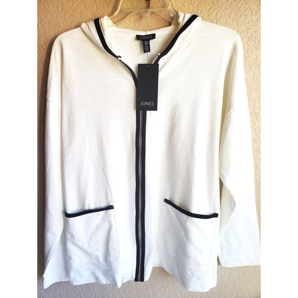 Jones New York Hoodie Jacket Lightweight Cotton NWT Ivory Black Trim Pockets M